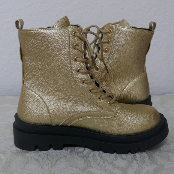Gold Combat Mid Calf Lace Up Boots Zipper Detail Lug Heels Womens 43/12 - Picture 5 of 12